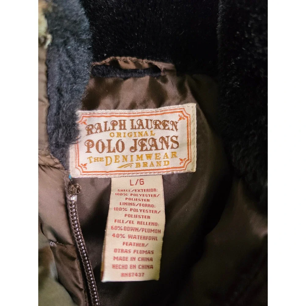 Ralph Lauren Polo Jeans Puffer Jacket Womens L Brown Down Faux Fur Hood Bomber‎